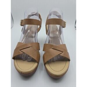 Me Too Amy Wedge Clog 3 1/2" Sandals-Women's-Size 9 Medium-Tan-Criss Cross Front